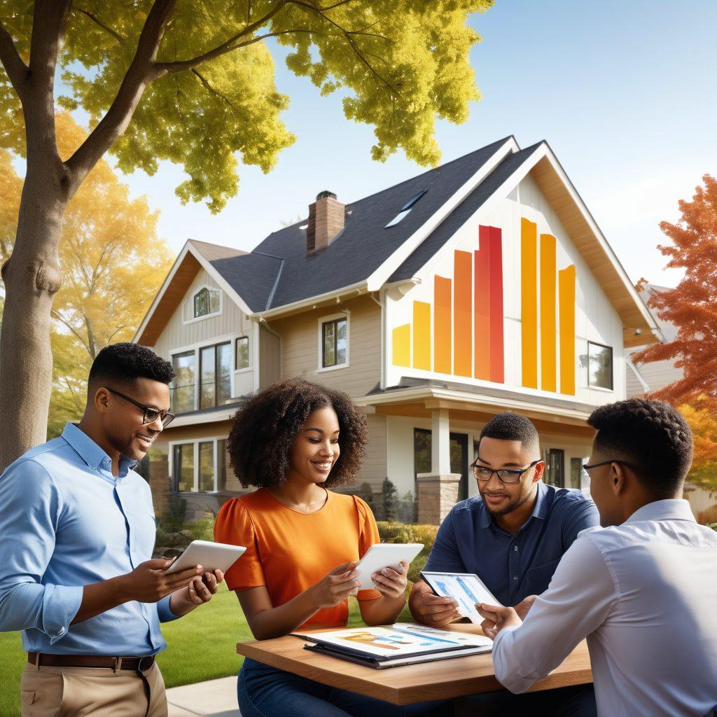A modern home with a stylish architectural design sits at the center, surrounded by graph-like indicators showcasing housing trends, like up and down arrows and bar charts. In the foreground, a diverse group of individuals (different ages and ethnicities) study a tablet together, deep in discussion. The background includes a sunny suburban neighborhood and trees, symbolizing growth and community. soften light and warmth throughout. super-realistic. vibrant colors.