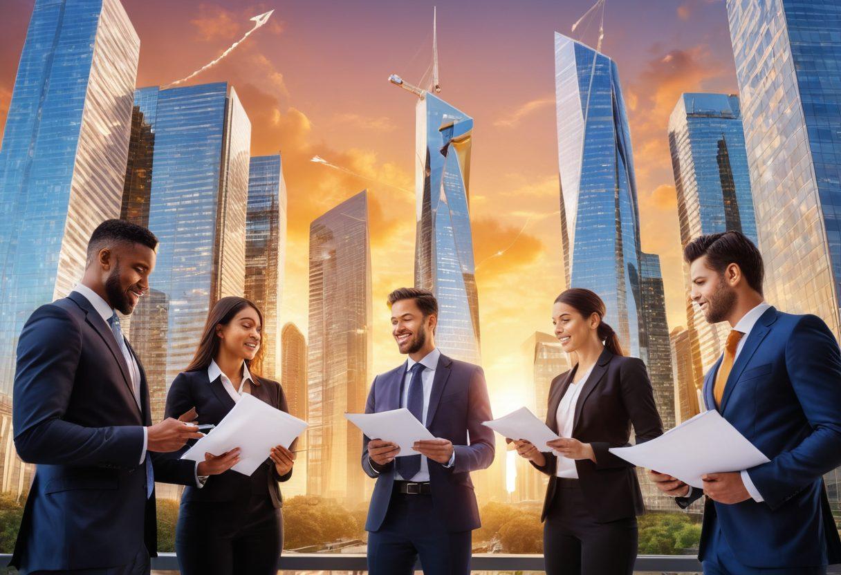 A sleek, modern city skyline at sunset with dynamic skyscrapers reflecting golden light. In the foreground, a diverse group of confident professionals, representing real estate agents, discussing strategies while holding blueprints and digital tablets. Symbols of growth like upward arrows and small homes blend into the background, illustrating booming real estate development. The atmosphere is energetic and optimistic, conveying success and opportunity. vibrant colors. super-realistic.