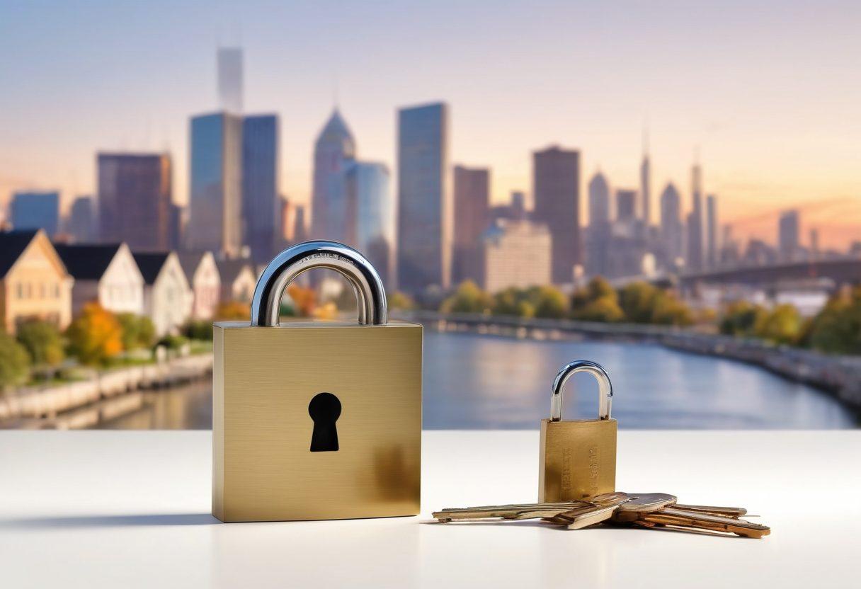An open padlock symbolizing unlocked potential, surrounded by a house silhouette and keys, with dollar signs subtly integrated. In the background, a blurred city skyline represents real estate opportunities. The color palette should be warm and inviting, creating a sense of optimism and success. super-realistic. vibrant colors. white background.